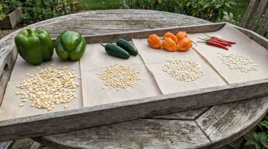 How Long to Dry Pepper Seeds Before Planting shown with bell, jalapeño, habanero, and cayenne pepper seeds drying naturally by type.