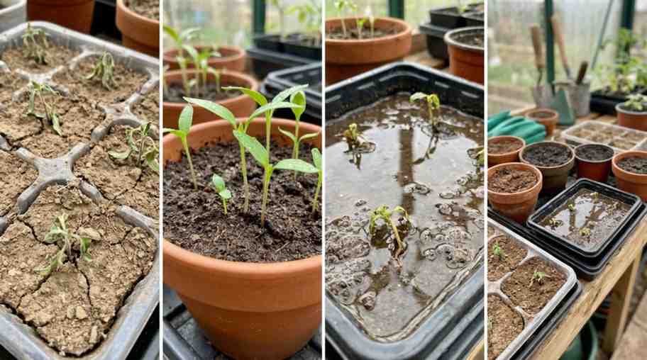 How Much to Water Seeds daily shown through seed trays with dry, moist, and standing water conditions.