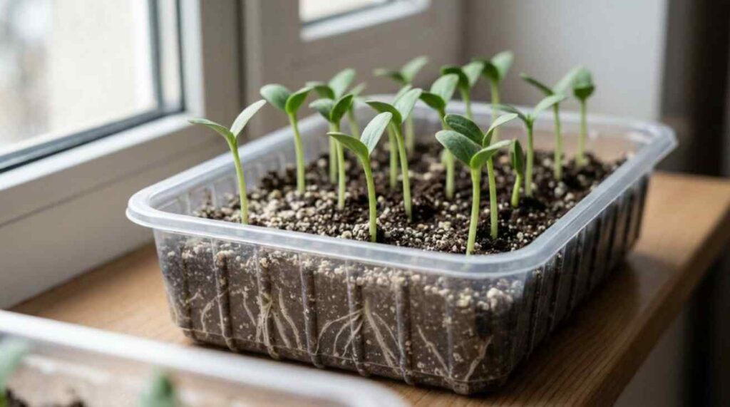 How to Make Seed Starter Mix showing even germination, upright seedlings, and healthy white roots.