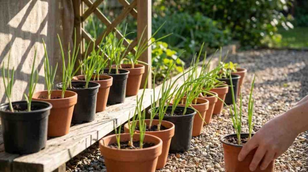 How to Start Onion Seeds Indoors: Onion seedlings being hardened off outdoors to prevent transplant shock and ensure healthy growth.
