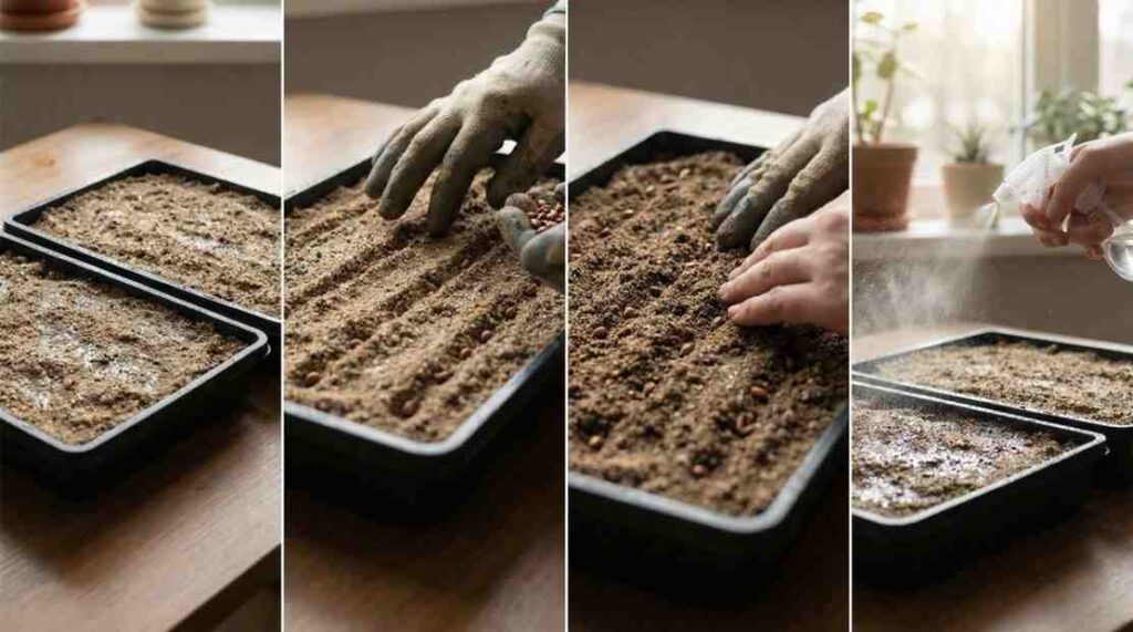 How to Start Onion Seeds Indoors showing shallow sowing in seed trays with gentle watering and indoor placement.