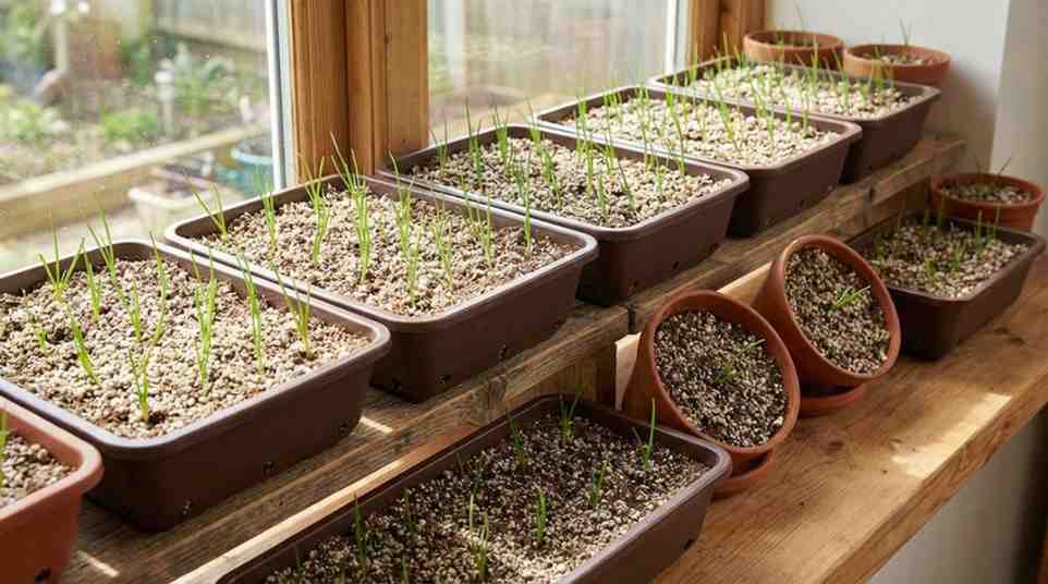 How to Start Onion Seeds Indoors: Onion seedlings growing in deep trays with well-drained seed starting soil, showing proper container and soil preparation.

