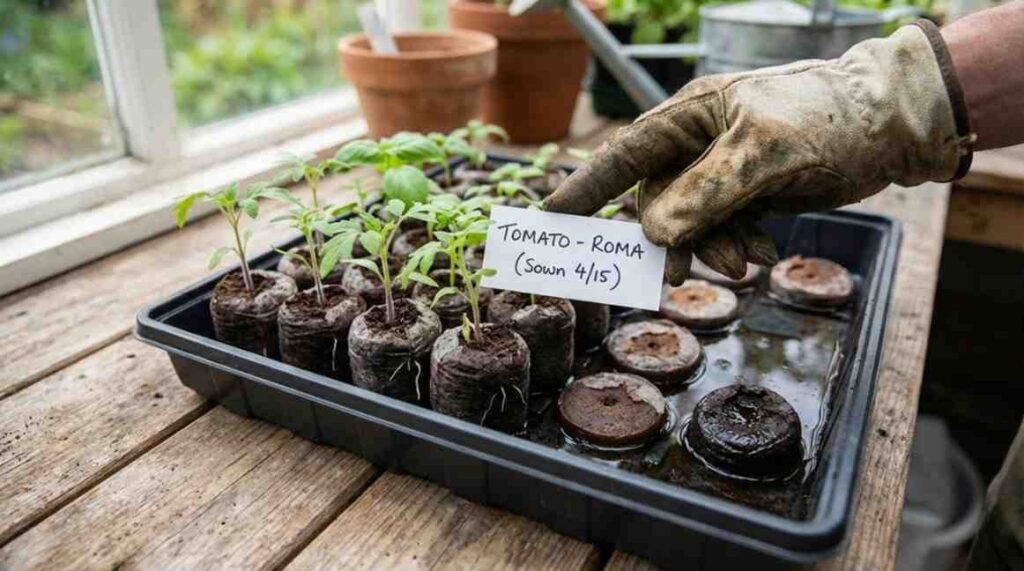 How to Use Peat Pellets for Seed Starting: common mistakes like overwatering, deep planting, and missing labels highlighted in a seed tray.