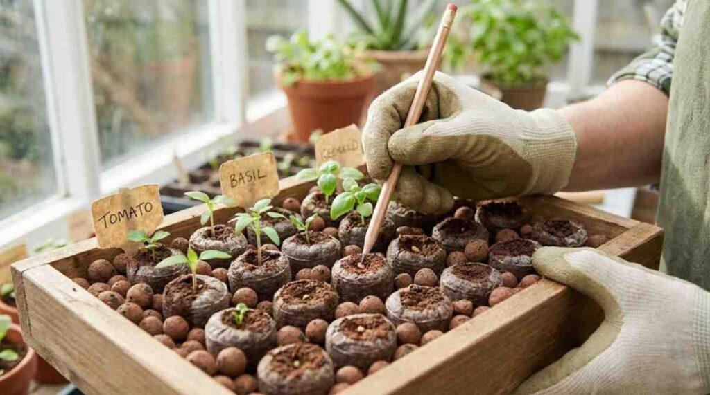 How to Use Peat Pellets for Seed Starting: gardener planting seeds in expanded peat pellets in a seed tray.