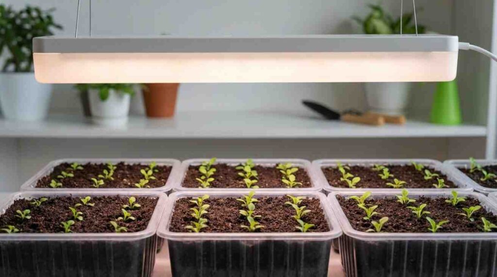 How Hard Is It to Grow Petunius From Seed showing proper light exposure with grow lights for healthy seedling growth.