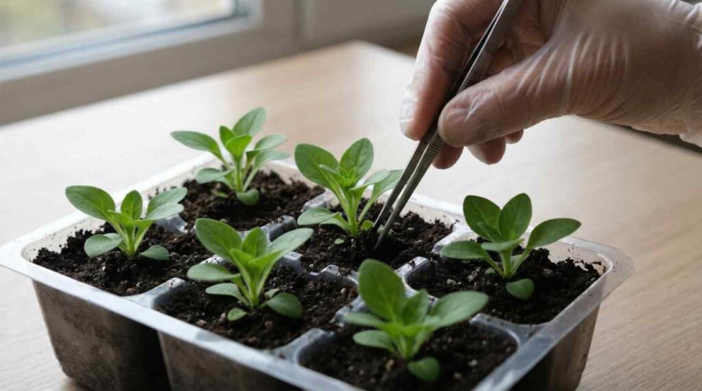 How Hard Is It to Grow Petunius From Seed showing proper thinning and spacing of petunius seedlings to prevent overcrowding.