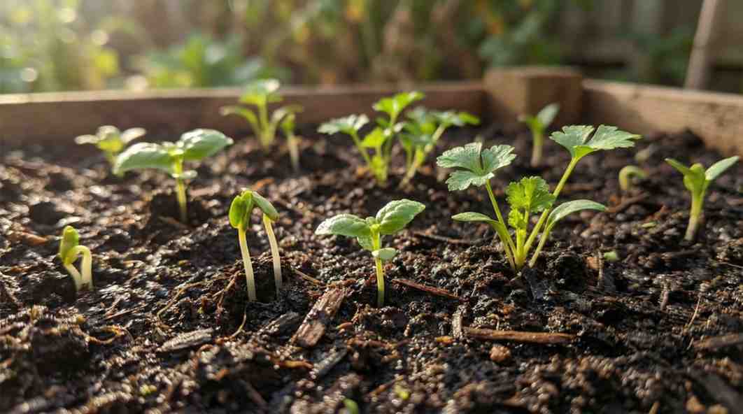 How Long Do Herb Seeds Take to Sprout showing herb seedlings emerging from soil in early growth stages.