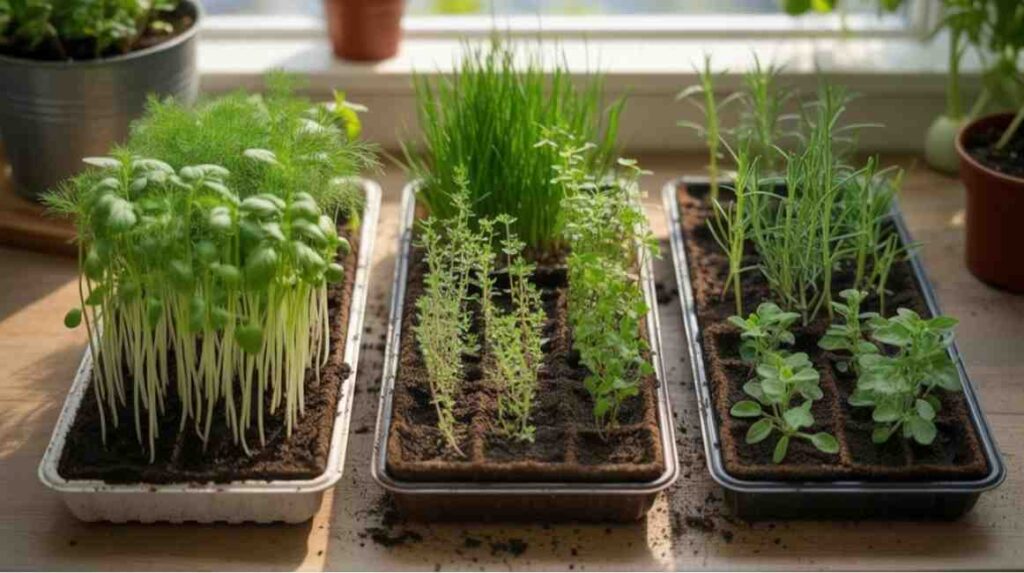 How Long Do Herb Seeds Take to Sprout comparison showing fast, moderate, and slow sprouting herb seeds.