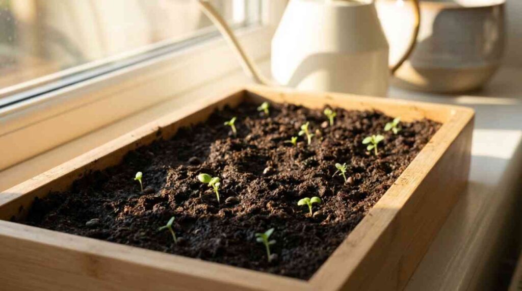 How Long Do Herb Seeds Take to Sprout showing basil, thyme, and oregano seeds germinating with light exposure.