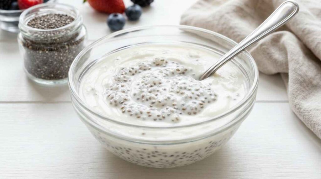 How Long to Soak Chia Seeds in Yogurt, soaked chia seeds mixed with yogurt showing fully expanded seeds for better digestion and nutrient absorption.