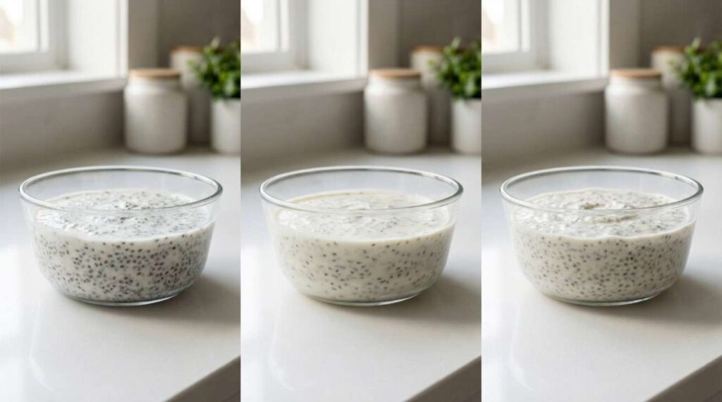 How Long to Soak Chia Seeds in Yogurt, chia seeds soaking in yogurt showing gel formation, creamy texture, and overnight pudding consistency.