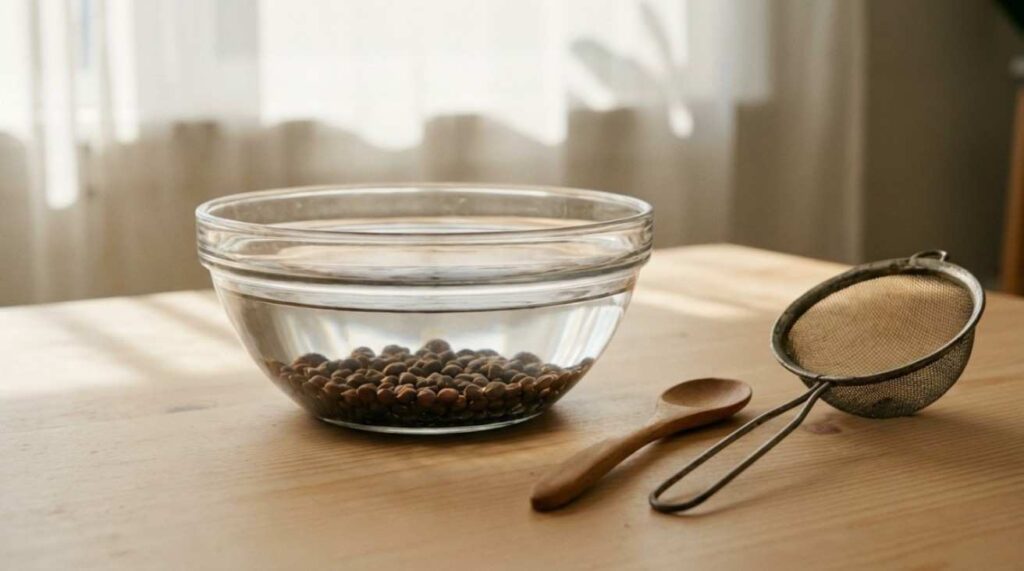 How Long to Soak Nasturtium Seeds: Nasturtium seeds soaking in clean, room-temperature water for proper seed preparation.
