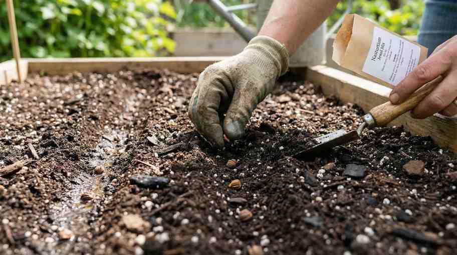 How Long to Soak Nasturtium Seeds: Planting soaked nasturtium seeds in loose, well-drained soil for healthy germination.
