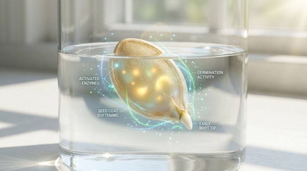 How long to soak pumpkin seeds before planting, pumpkin seed soaking in water, showing softening seed coat and early sprouting.