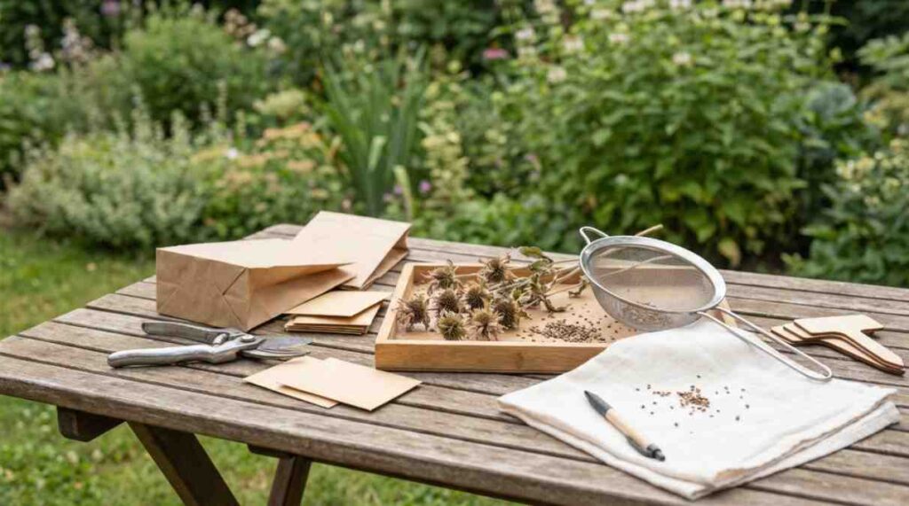 How to Collect Bee Balm Seeds using basic tools like scissors, paper bags, and trays.