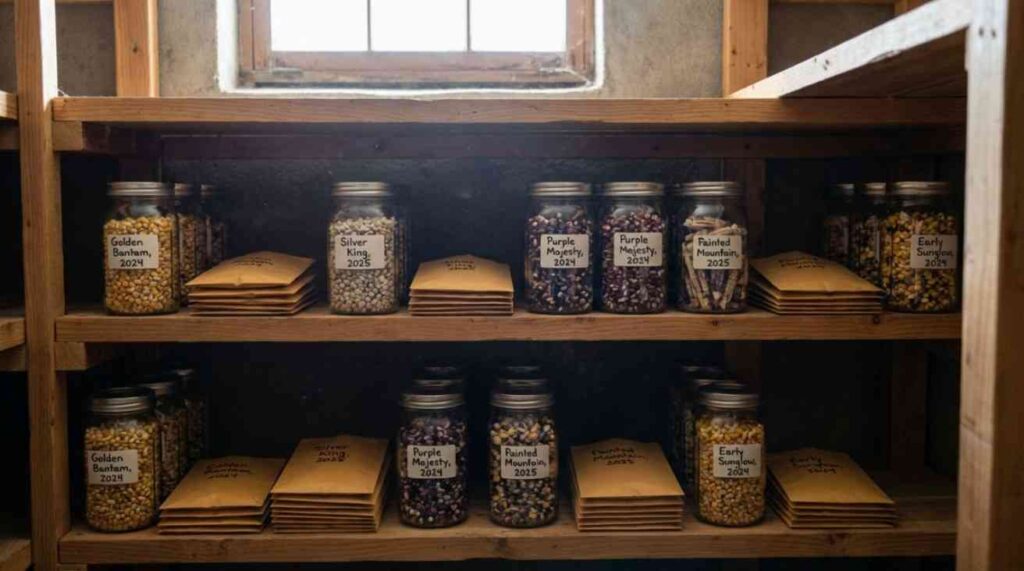 How to Collect Corn Seeds: Properly stored corn seeds in labeled glass jars and paper envelopes, kept in a cool, dark, and dry environment to extend seed lifespan.