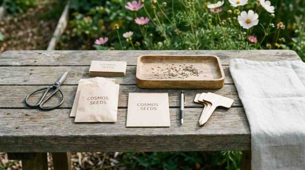 How to Collect Cosmos Seeds using basic tools like paper bags, trays, and garden scissors.