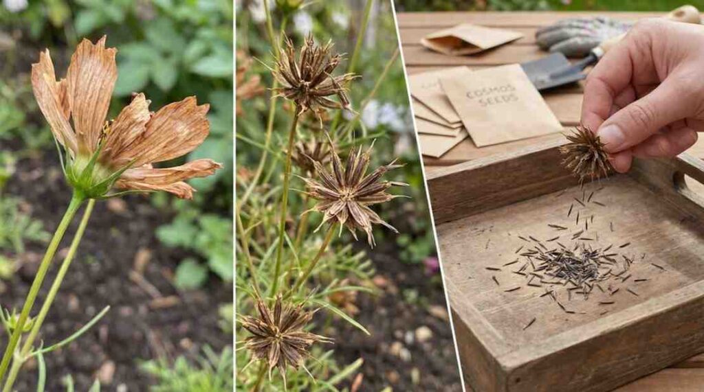 How to Collect Cosmos Seeds showing mature seed heads, drying stages, and proper storage methods in a home garden.