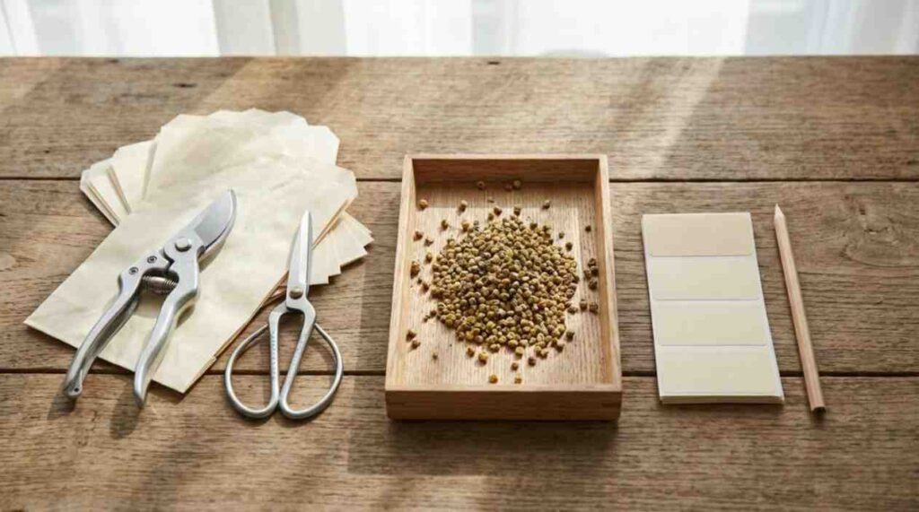 How to Collect Mum Seeds using basic tools like paper bags, scissors, trays, and labels for clean seed harvesting.