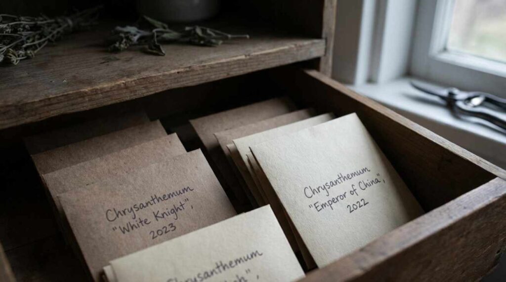 How to Collect Mum Seeds safely stored in labeled paper envelopes in a cool, dry, dark environment.