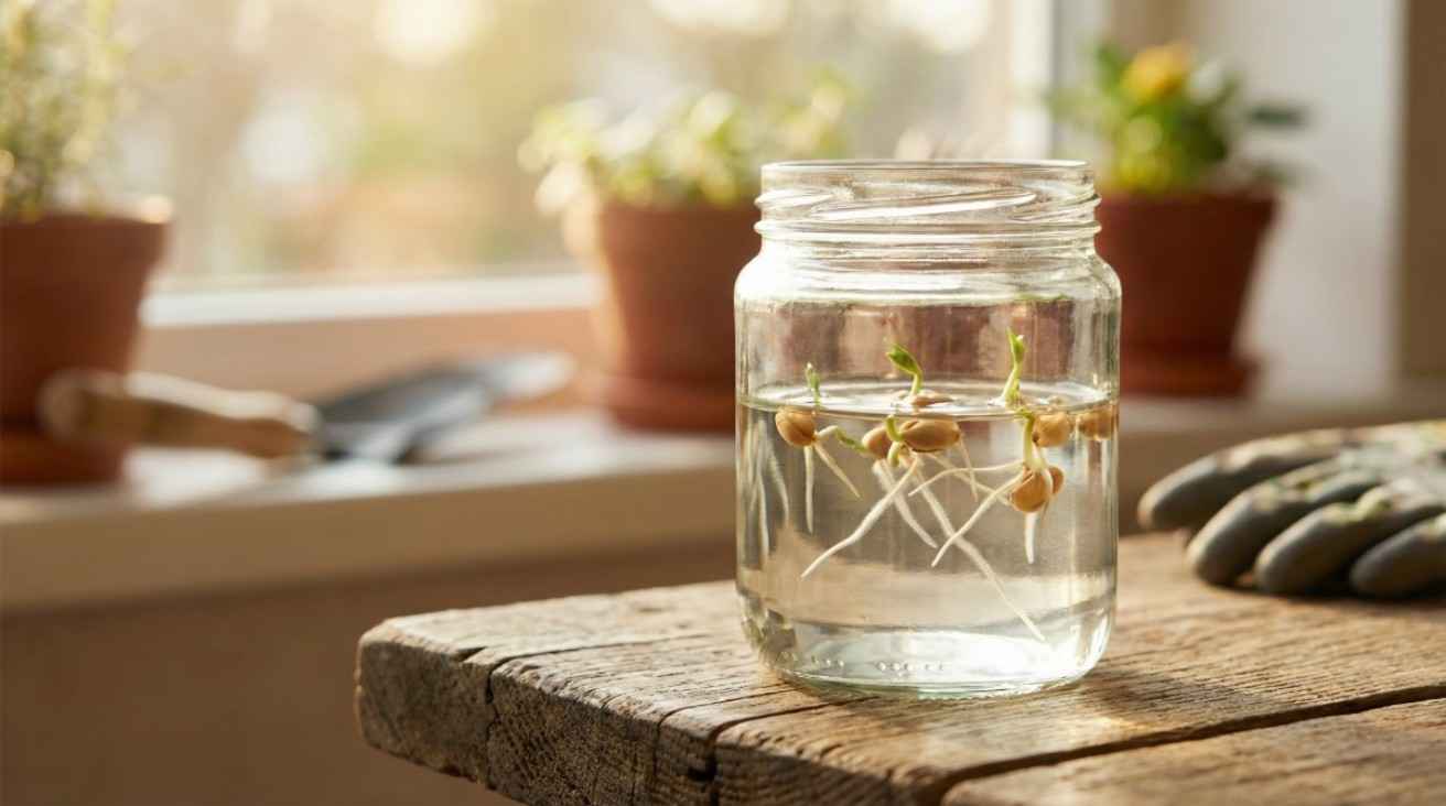 How to Germinate Seeds in Water showing seeds sprouting roots and shoots in a clear glass jar with clean water under natural light.