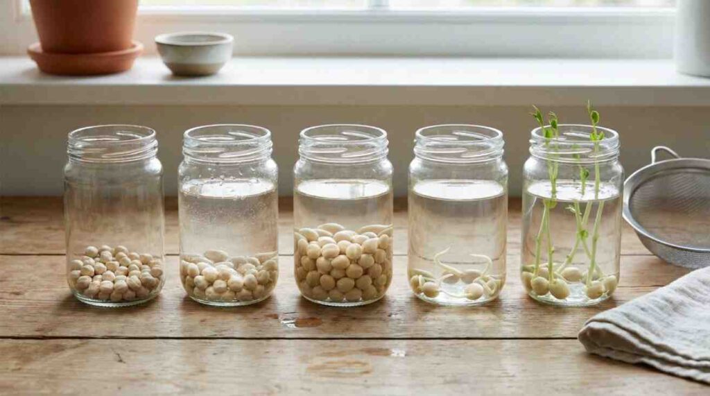 How to Germinate Seeds in Water shown through step-by-step stages using glass jars, from soaking seeds to visible root and shoot development.