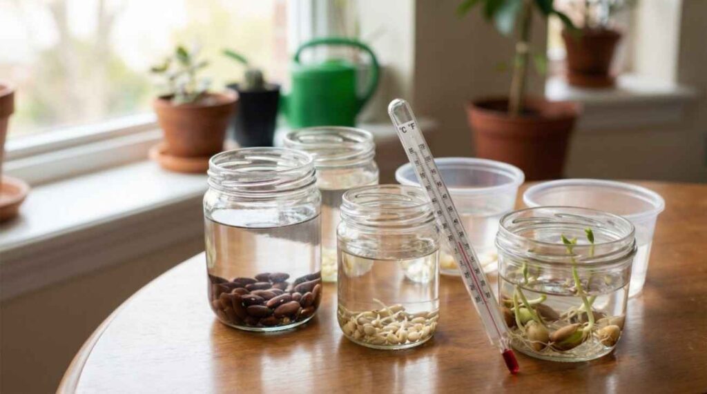 How to Germinate Seeds in Water using transparent containers to observe healthy root and shoot development under stable moisture and light conditions.