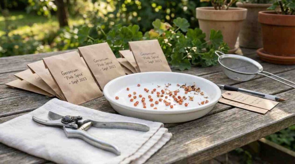 Tools needed to explain how to get seeds from geraniums using simple household gardening supplies.