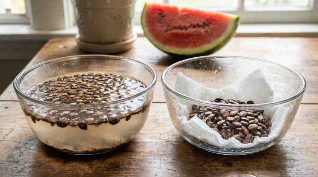 How to get watermelon seeds using fermentation vs non-fermentation methods shown with clean and soaked seeds.