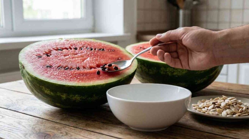 How to get watermelon seeds by hand from a ripe watermelon using the manual seed removal method.