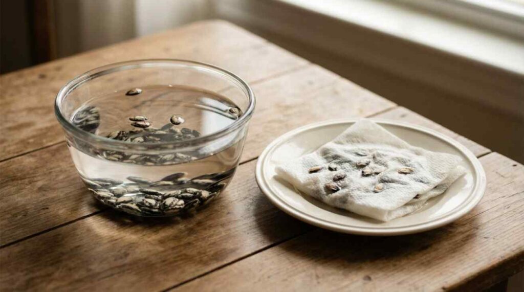 How to get watermelon seeds ready for planting by testing seed viability using water and paper towel methods.