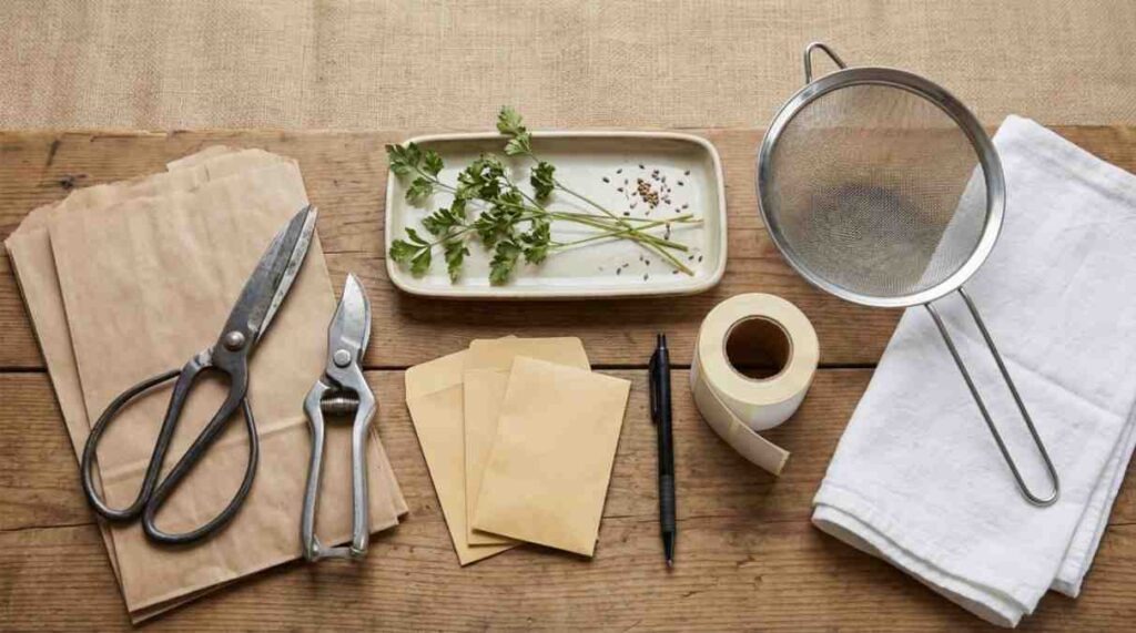 How to Harvest Parsley Seeds tools including scissors, paper bags, and drying containers.