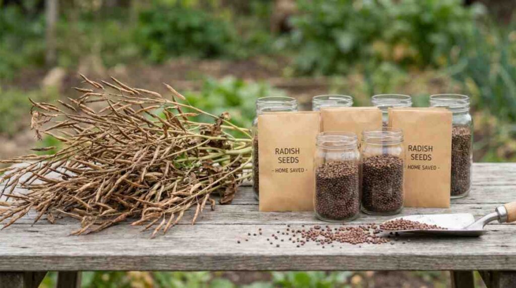 How to Harvest Radish Seeds: 9 Powerful Steps & 4 Costly Errors showing home-saved radish seeds stored after harvesting from mature plants.