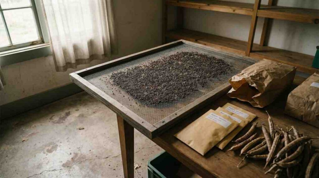 How to Harvest Radish Seeds showing radish seeds drying correctly in a shaded indoor space with good airflow.