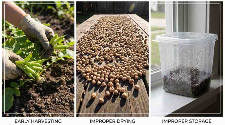 How to Harvest Radish Seeds showing common mistakes like early harvesting, sunlight drying, and improper seed storage.