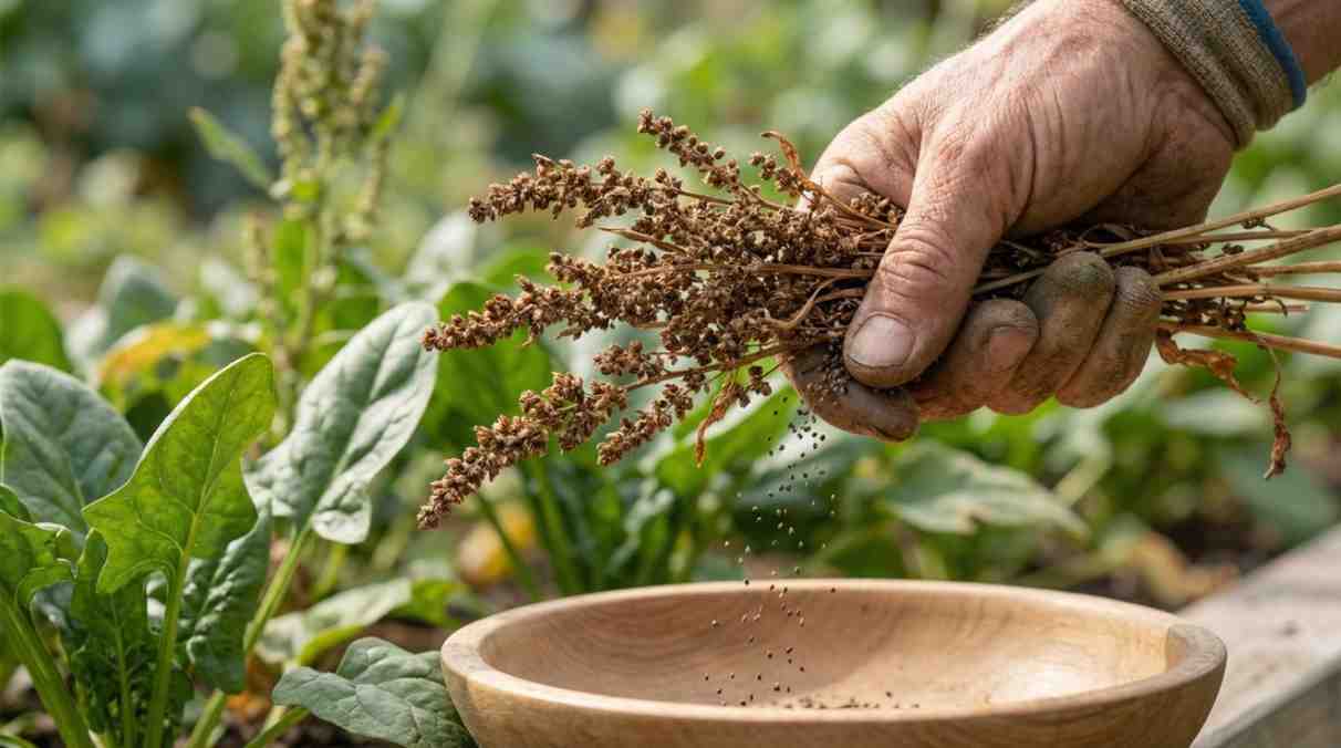 How to Harvest Spinach Seed – mature spinach plants with dry seed clusters being collected for proper drying and storage.