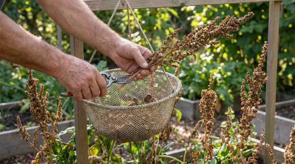 How to Harvest Spinach Seed – gentle cutting and upside-down drying of mature spinach seed stalks to protect seed quality.