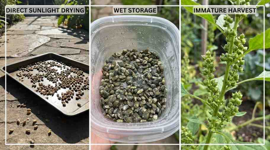 How to Harvest Spinach Seed – common mistakes such as early harvesting, sun drying, and improper storage reducing seed germination.