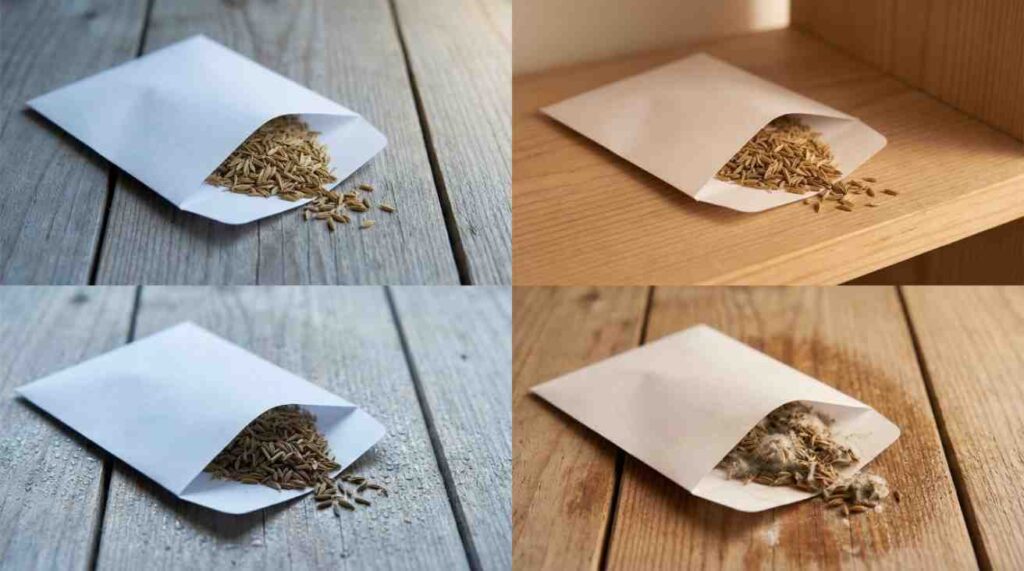 How to Preserve Dill Seeds comparison showing cool dry storage, warm dry storage, damp conditions, and seed spoilage results.