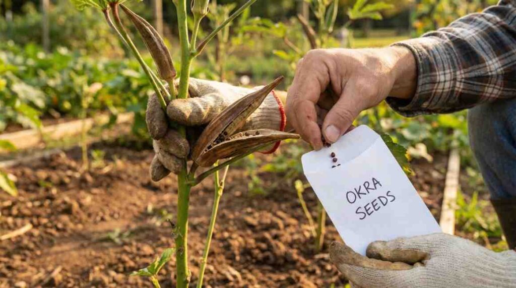 How to Save Okra Seeds by collecting mature pods from healthy plants in a home garden.