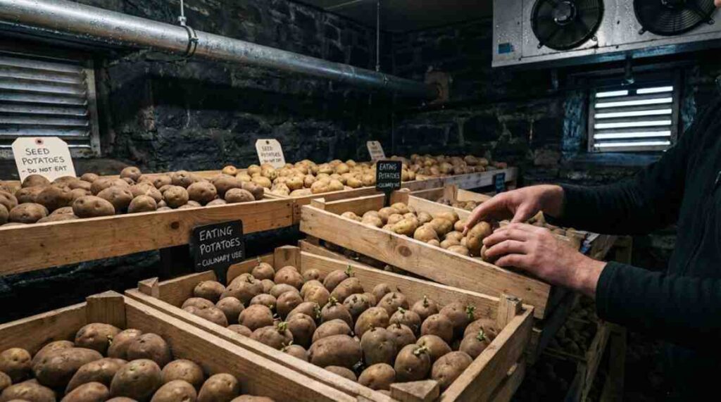 How to Save Potatoes for Seed: Preserving disease-free tubers in proper storage conditions to keep them dormant and healthy for replanting.
