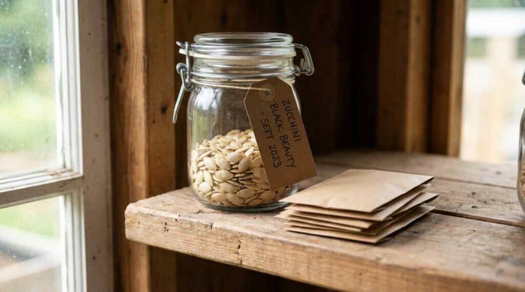 How to Save Zucchini Seeds by storing dried seeds in airtight glass jars and paper envelopes in a cool, dark, dry place.