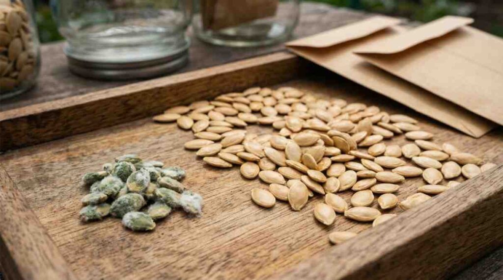 How to Save Zucchini Seeds by properly drying and storing seeds to prevent mold, poor germination, and cross-pollination issues.