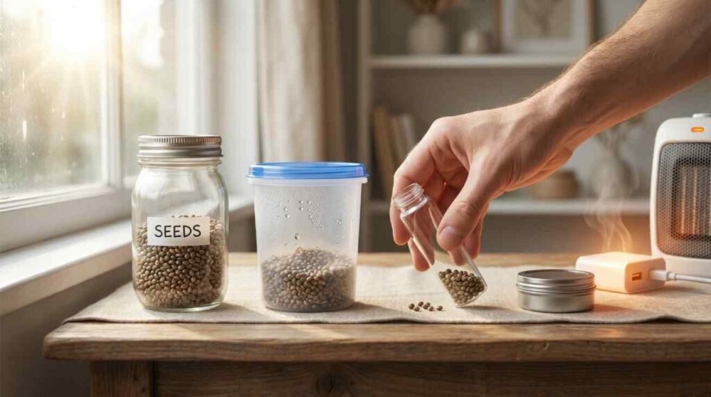 How to Store Cannabis Seeds correctly by avoiding common storage mistakes such as moisture, light exposure, and warm conditions.
