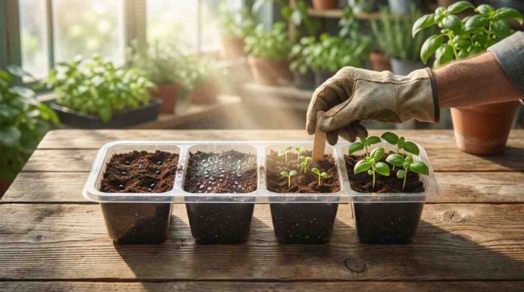 Basil Seeds How Long to Germinate shown through sowing depth, moisture control, warm temperature, and light exposure for healthy basil seedlings.