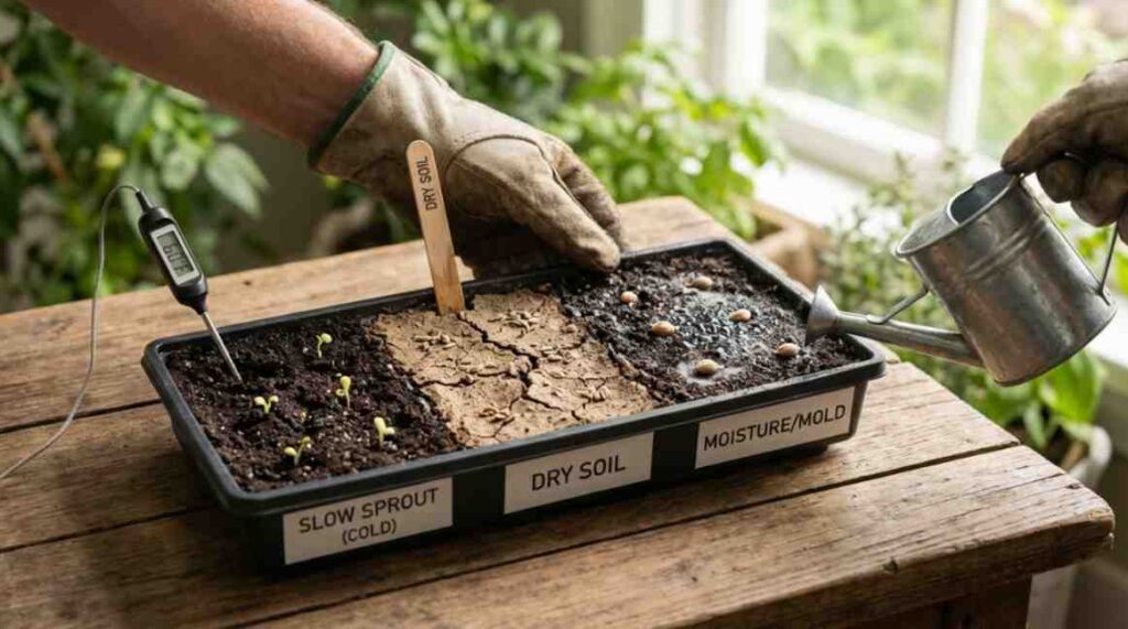 Basil Seeds How Long to Germinate shown through common problems like slow sprouting, dry soil, and mold growth in a seed tray under natural light.