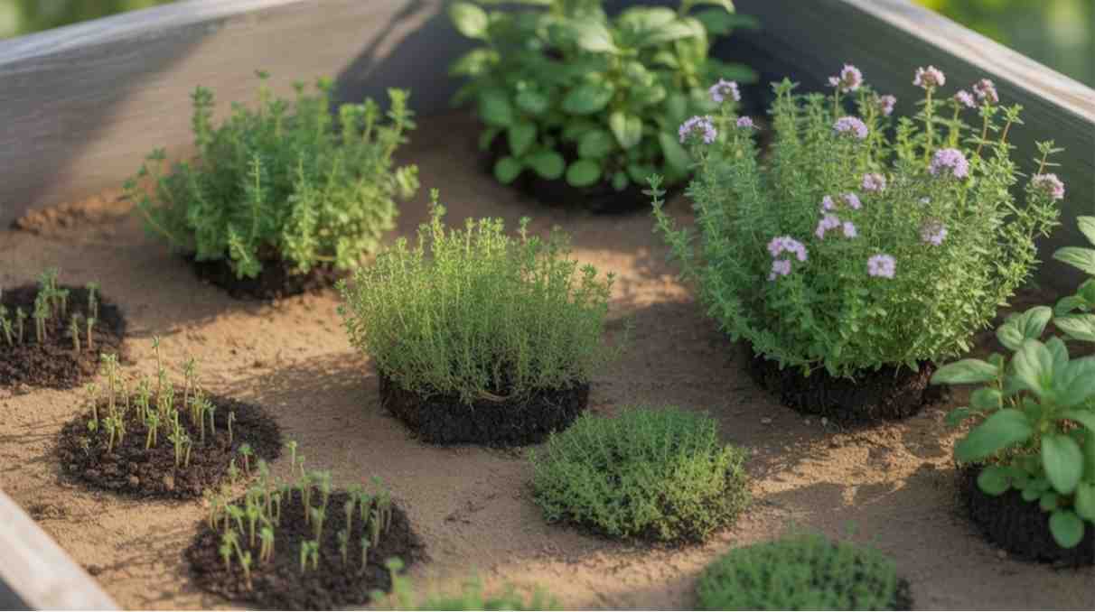 Creeping Thyme how to grow from seed showing realistic growth stages from early germination to mature flowering plants.