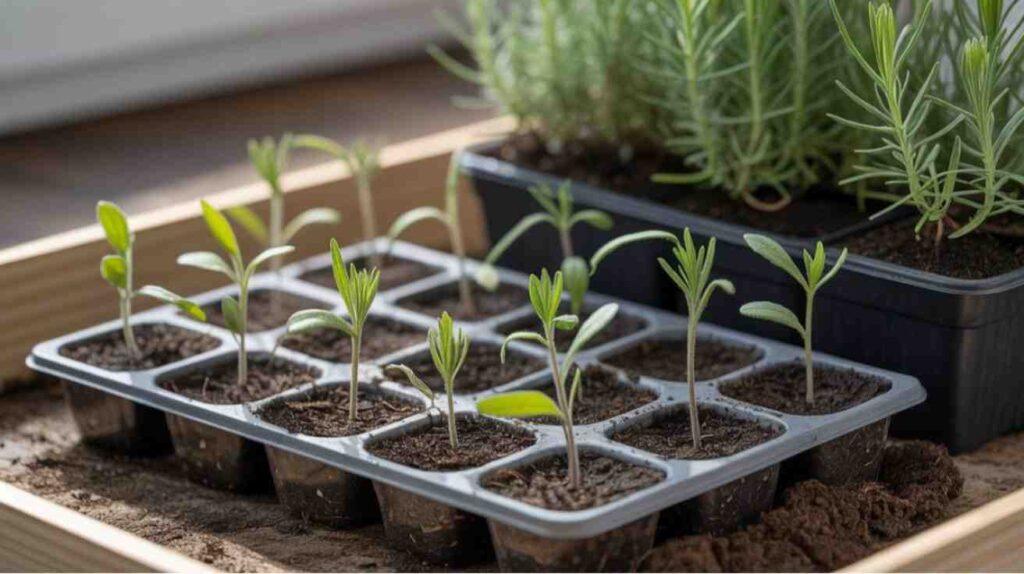 How Long Do Lavender Seeds Take to Germinate illustrated with healthy lavender seedlings growing after germination in moist soil.