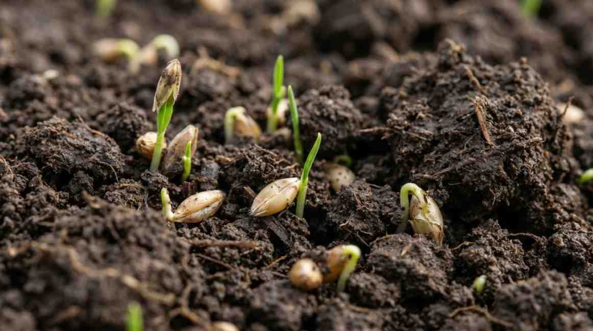 How Long Does It Take for Rye Seed to Germinate showing rye seeds sprouting in soil under natural growing conditions.