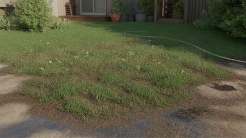 Rye grass germination troubleshooting showing patchy sprouts and uneven lawn growth.